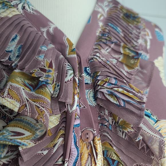 Chicos Top Blouse Mauve Paisley Floral 1 Med Purple Blue Jacobean Bouquet Ruffle - Picture 8 of 12